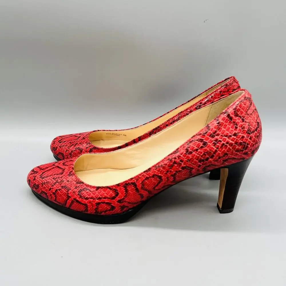 Cole Haan Shoes Women 9 Red Leather Snake Print Cone Heel Pump Round Toe Slip On